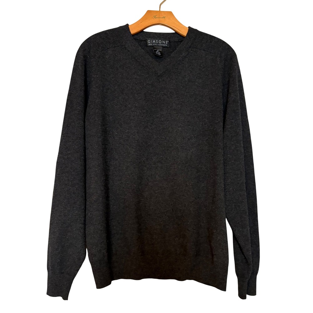 GIASONE Men's Dark Grey 100% 2 Ply Cashmere V-Neck Long Sleeve Sweater Size‎ M